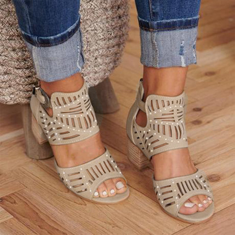 Women's Cut-Out Block Heel Sandals with Ankle Strap and Peep Toe