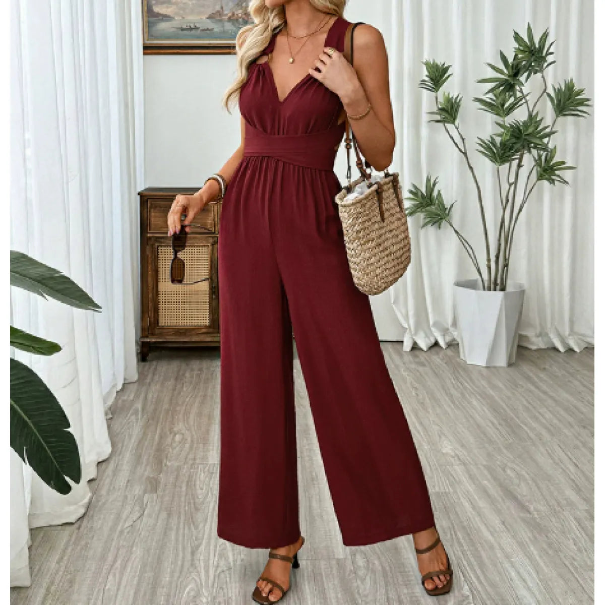Women’s V Neck Backless Jumpsuit Wide Leg Elegant