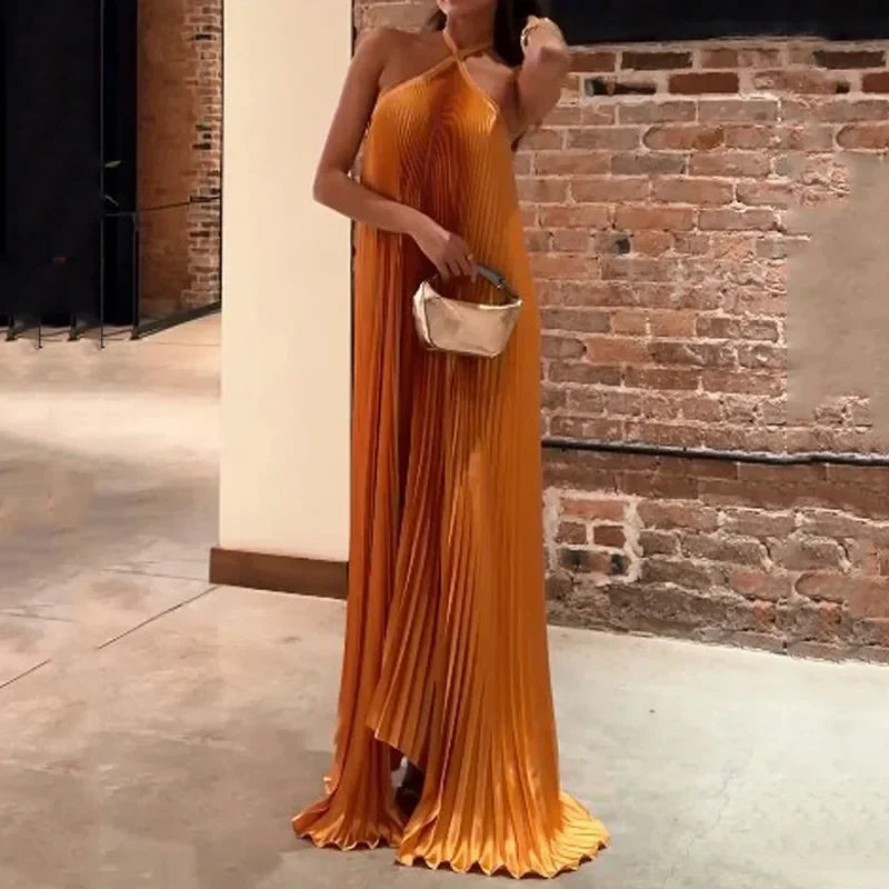 Mira - Chic Pleated Halter Neck Maxi Dress