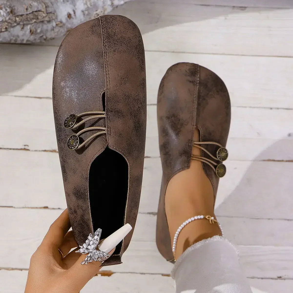 Women's Suede Shoes with Elastic Front and Vintage Button Accents