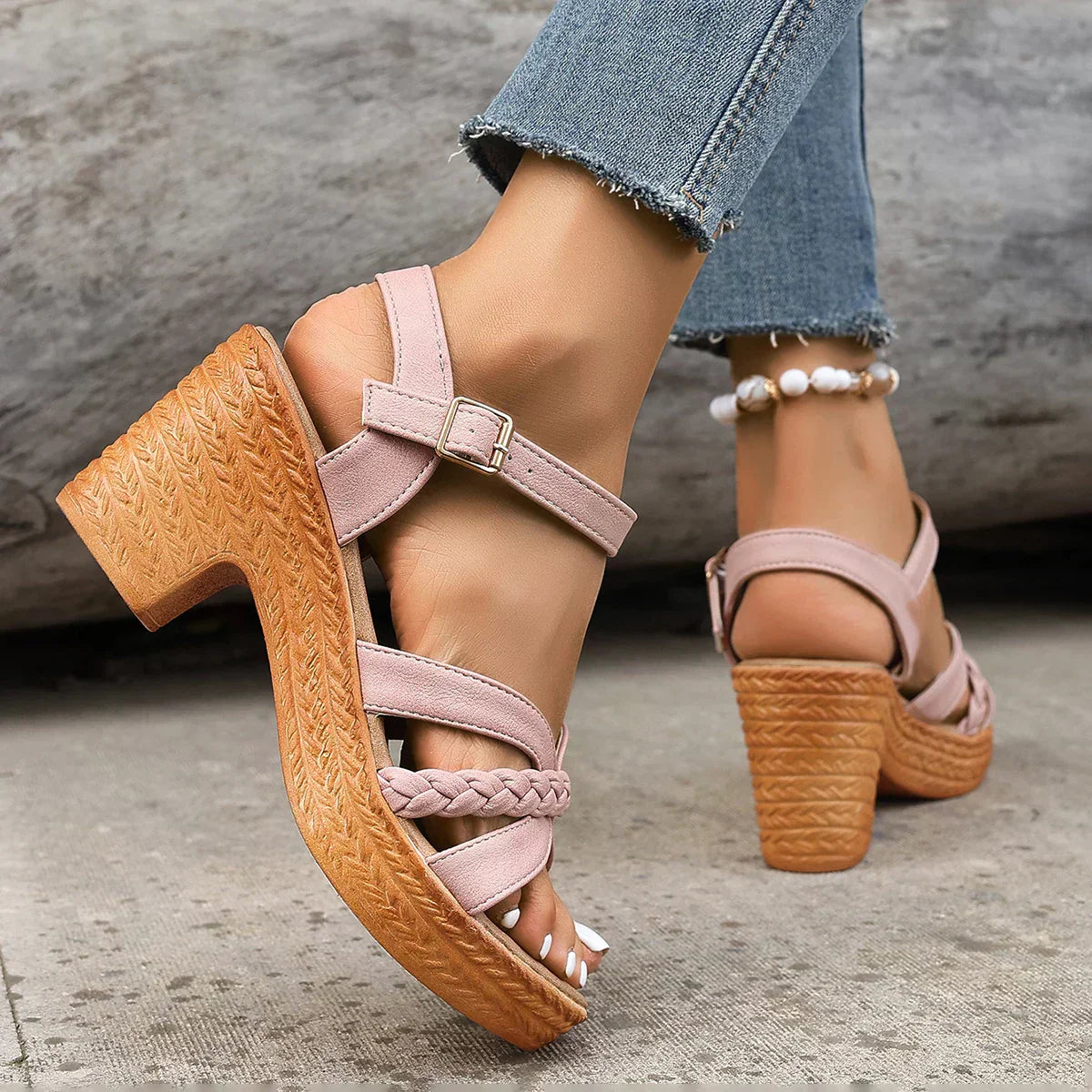 Women's Platform Block Heel Sandals with Braided Front Straps