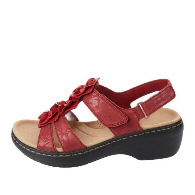 Women's Wedge Sandals with Floral Straps and Adjustable Back Closure