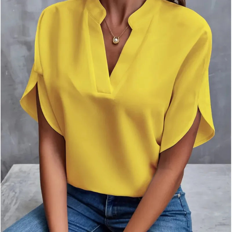 Women’s V Neck Chiffon Blouse Short Sleeve Lightweight