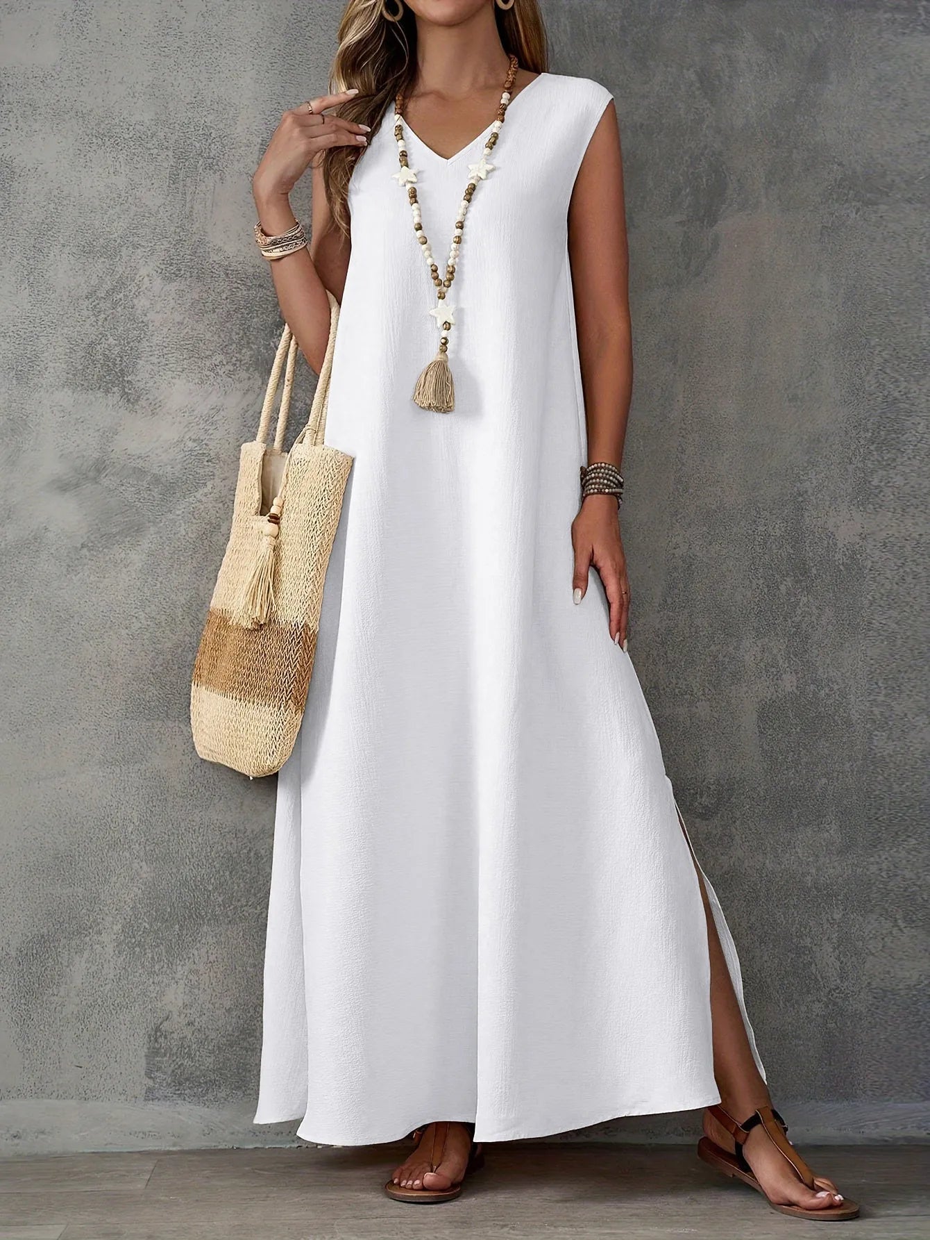 Women’s Sleeveless V Neck Dress Side Slit Elegant