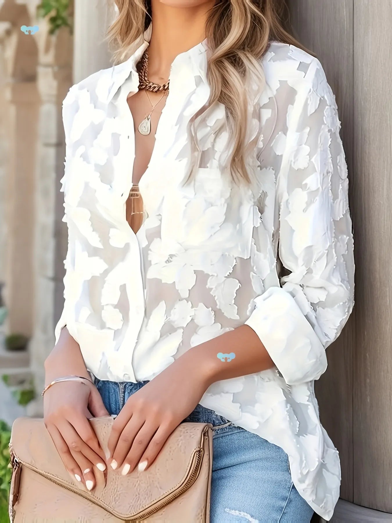 Luxury Jacquard Button Up Shirt Elegant Textured Blouse