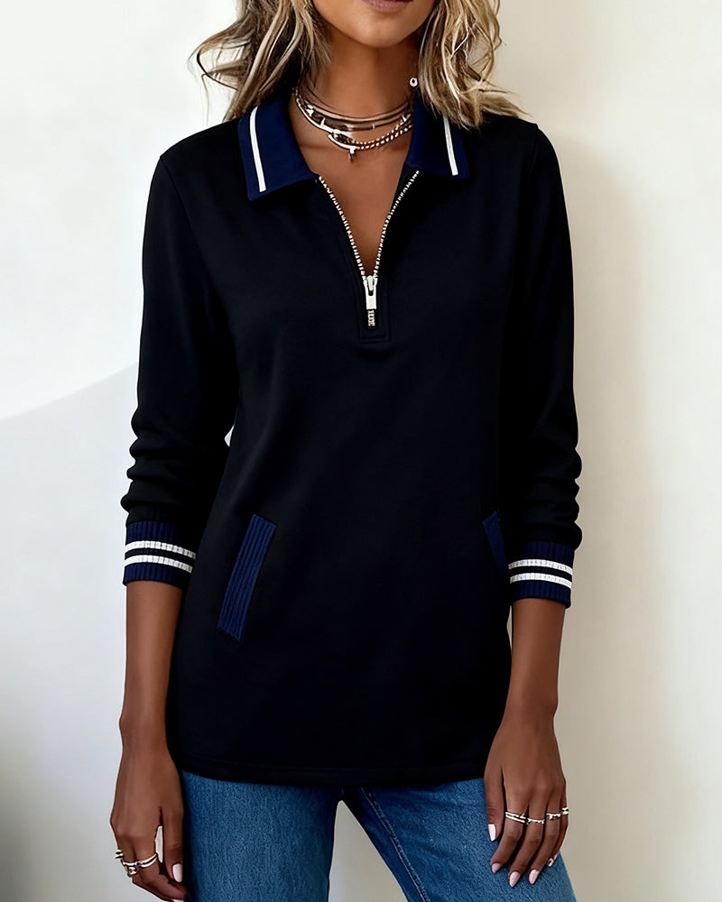 Oversized Sweatshirt with Lapel, Zipper Closure, and Contrast Color
