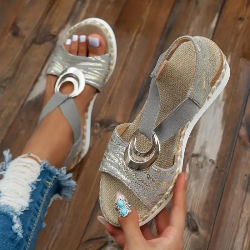 Women's Chic Wedge Sandals with Decorative Ring and Adjustable Strap