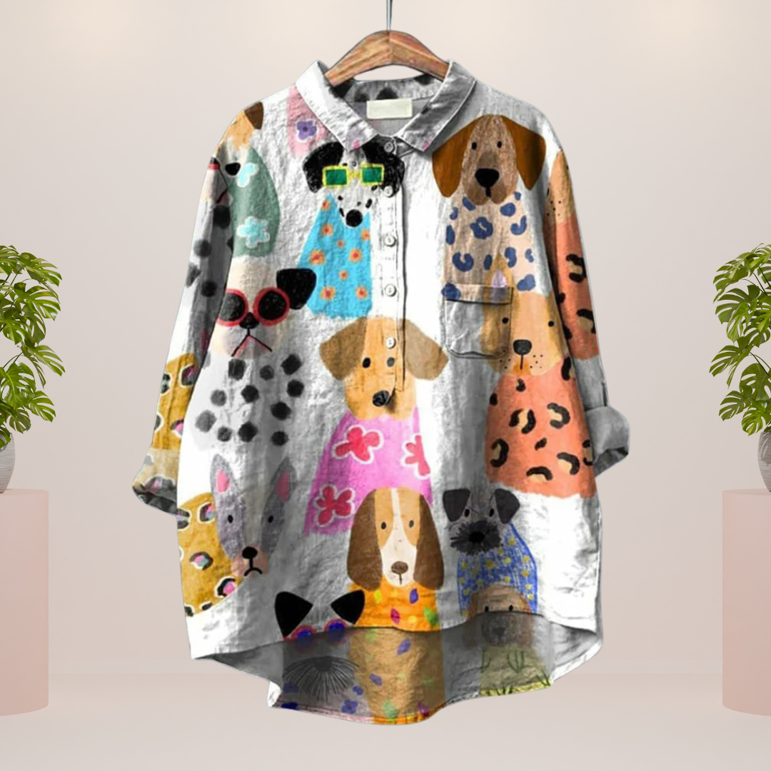 Freya™ | Playful shirt with dog motif and button closure