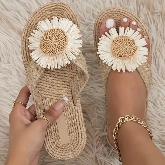 Women's Linen Flower Flat Sandals Casual Summer Slip On Shoes