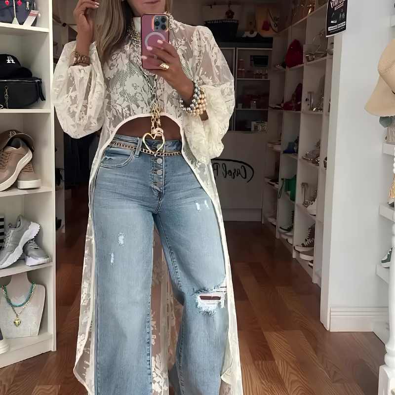 Round Neck Lace High Low Top Elegant Casual Blouse