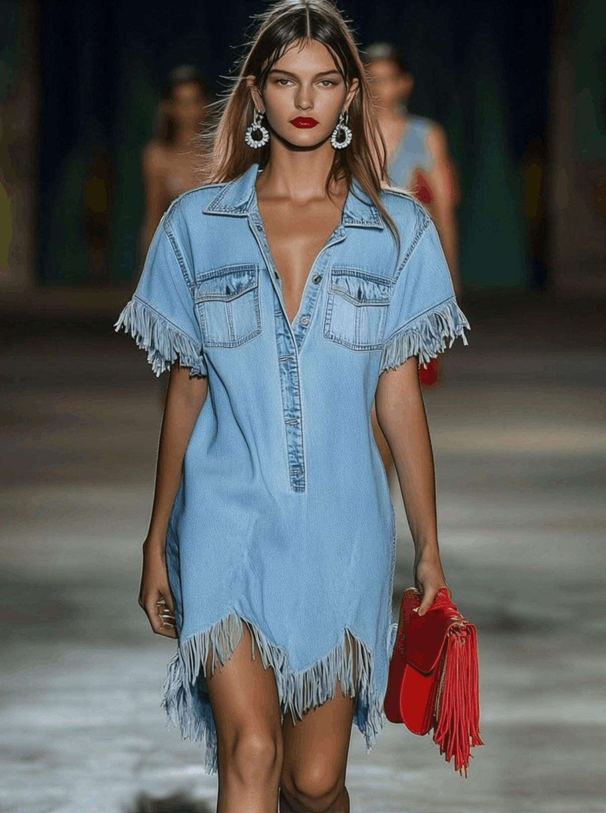 【24-hour shipping out】Casual Loose Vintage Denim Short Sleeve Shirt Tassel Mini Dress