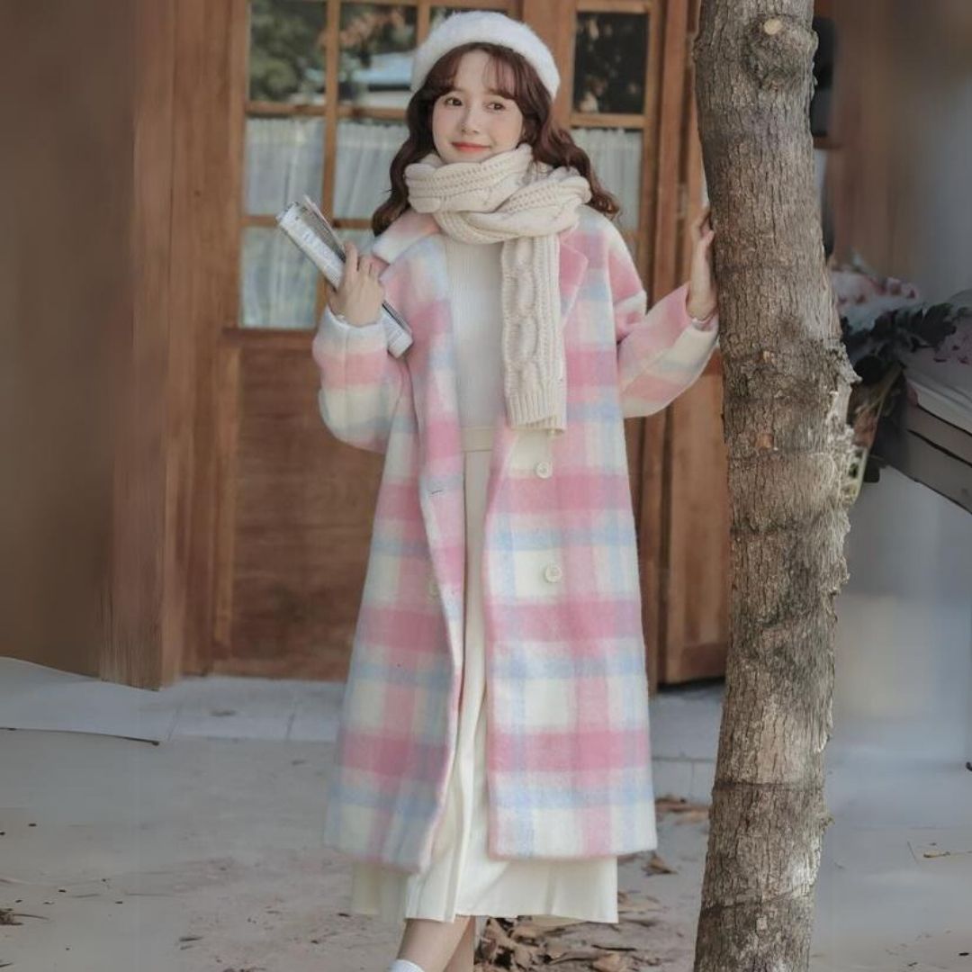 Rocio | Women's wool blend coat with pastel checks and double-breasted buttons
