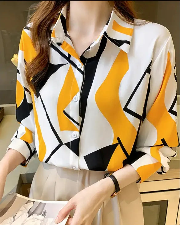 Women’s Printed Long Sleeve Shirt Lapel Casual Blouse