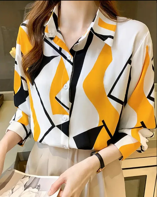 Women’s Printed Long Sleeve Shirt Lapel Casual Blouse