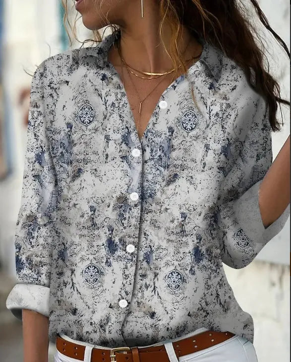 Women’s Printed Long Sleeve Shirt Lapel Casual Blouse