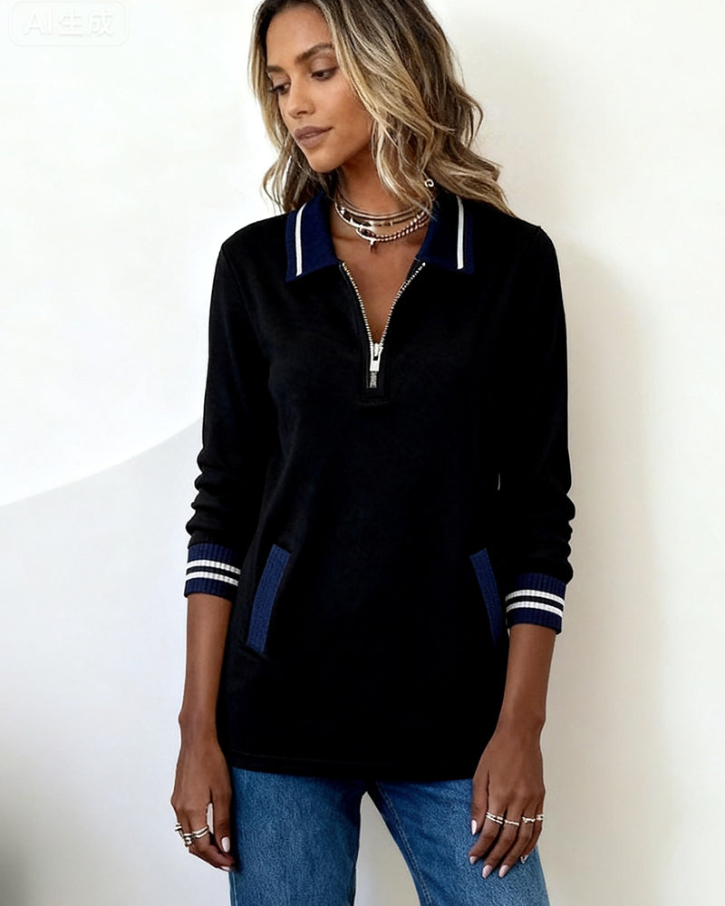 Oversized Sweatshirt with Lapel, Zipper Closure, and Contrast Color