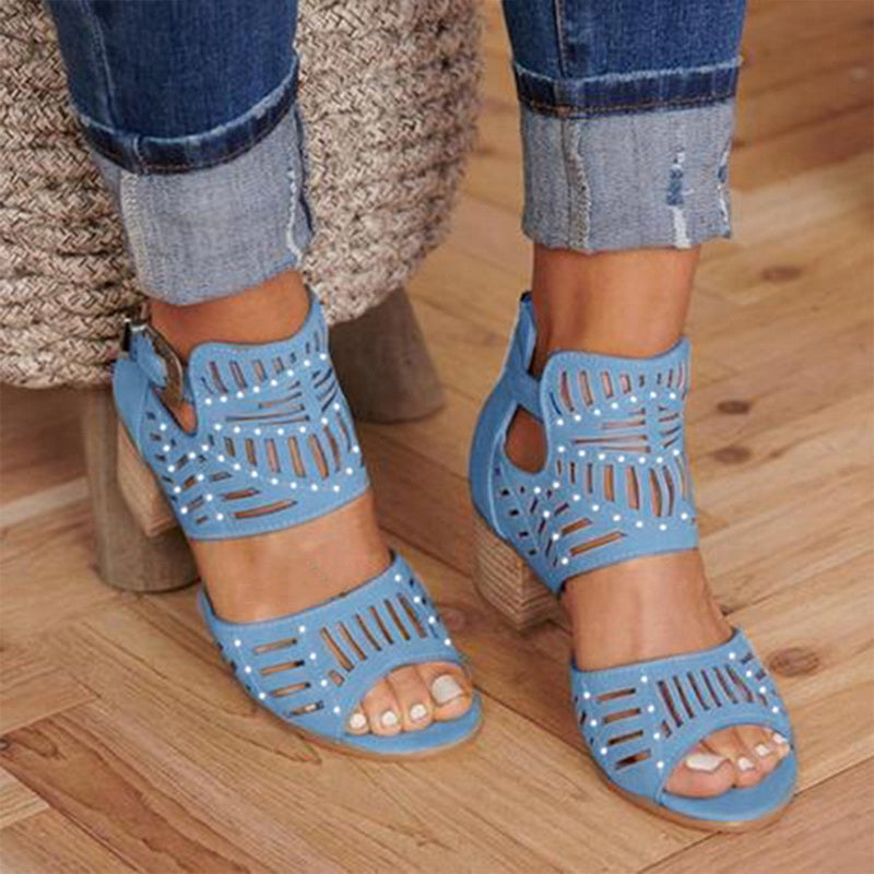 Women's Cut-Out Block Heel Sandals with Ankle Strap and Peep Toe