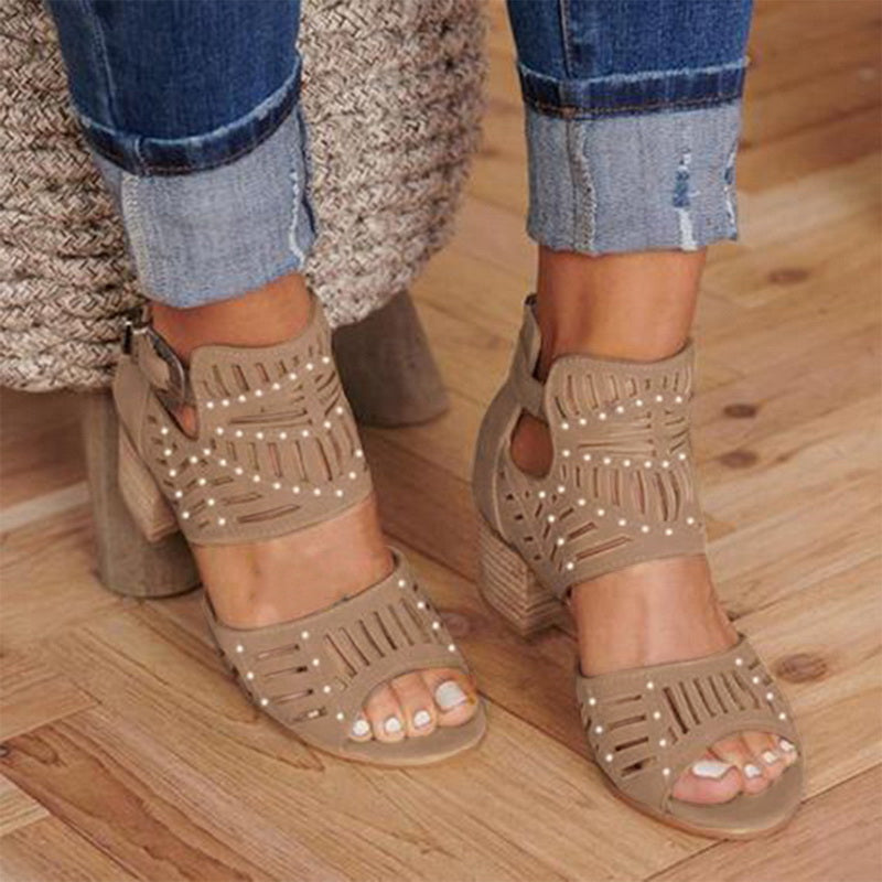 Women's Cut-Out Block Heel Sandals with Ankle Strap and Peep Toe