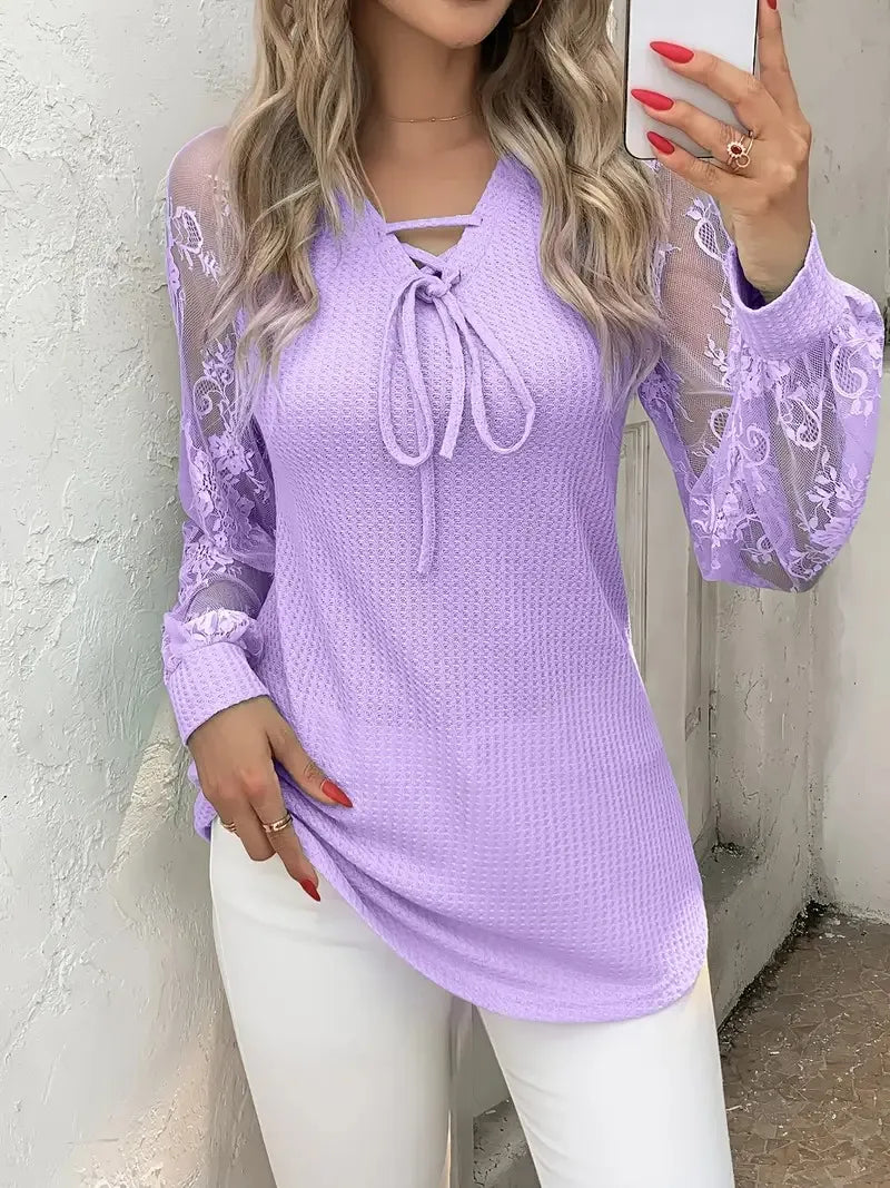 Women’s V Neck Lace Top Long Sleeve Elegant Blouse
