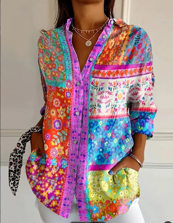 Women’s Printed Long Sleeve Shirt Lapel Casual Blouse