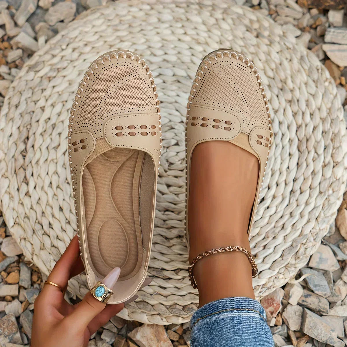 Women's Slip-On Shoes with Perforated Detailing and Cushioned Insole
