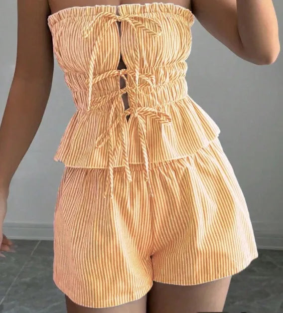 Women’s Striped Two Piece Set Ruffle Top Shorts
