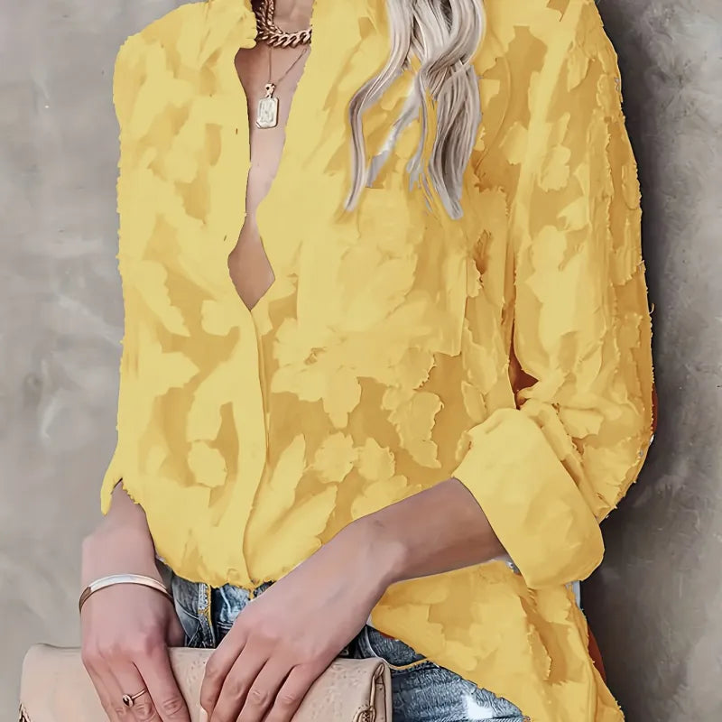 Luxury Jacquard Button Up Shirt Elegant Textured Blouse