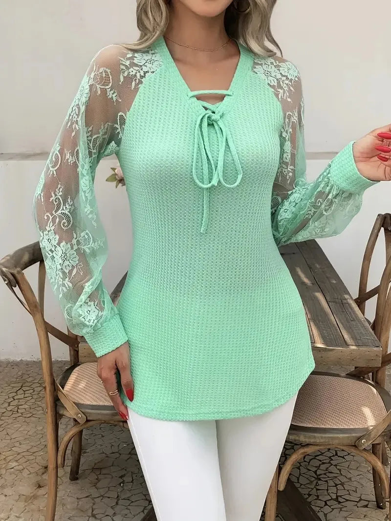 Women’s V Neck Lace Top Long Sleeve Elegant Blouse