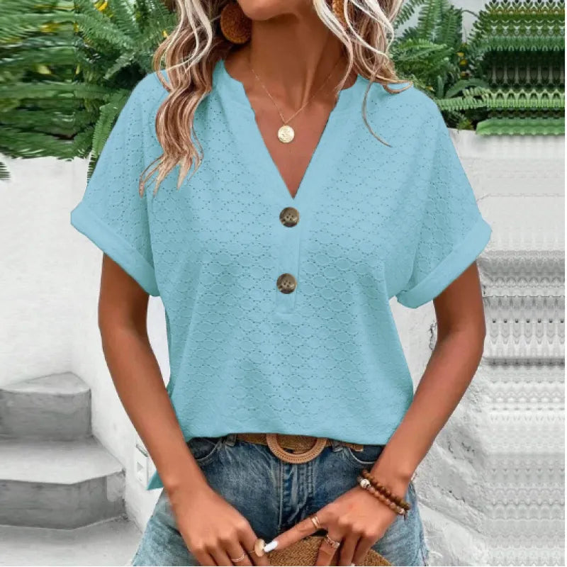 Women’s V Neck Button T Shirt Casual Solid Color