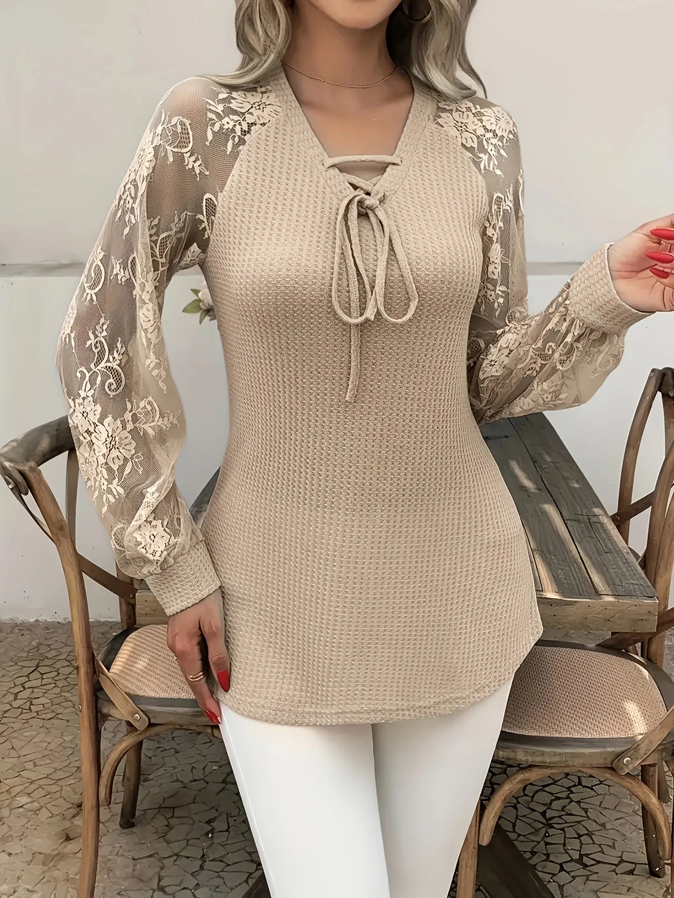 Women’s V Neck Lace Top Long Sleeve Elegant Blouse
