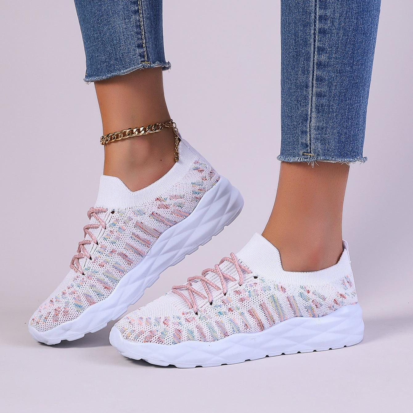 Women's Lace Up Low Cut Sneakers with Cushioned Sole and Mesh Upper