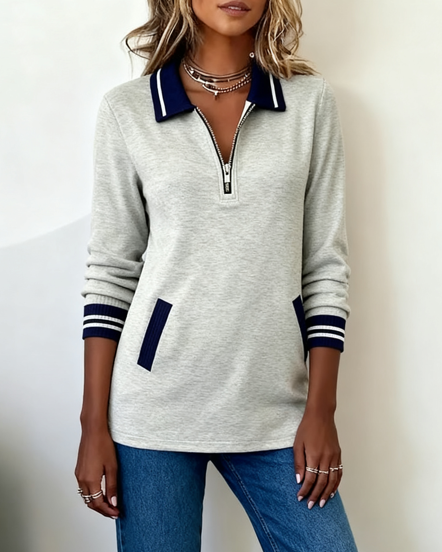 Oversized Sweatshirt with Lapel, Zipper Closure, and Contrast Color