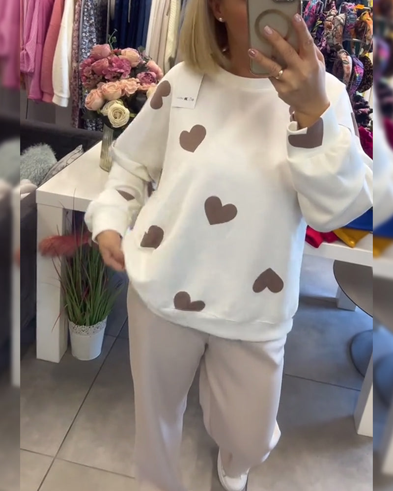 Casual Heart Printed Two-Piece Set