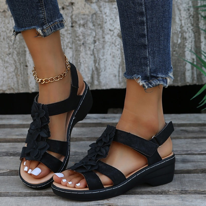 Women's Wedge Sandals with Floral Straps and Adjustable Back Closure