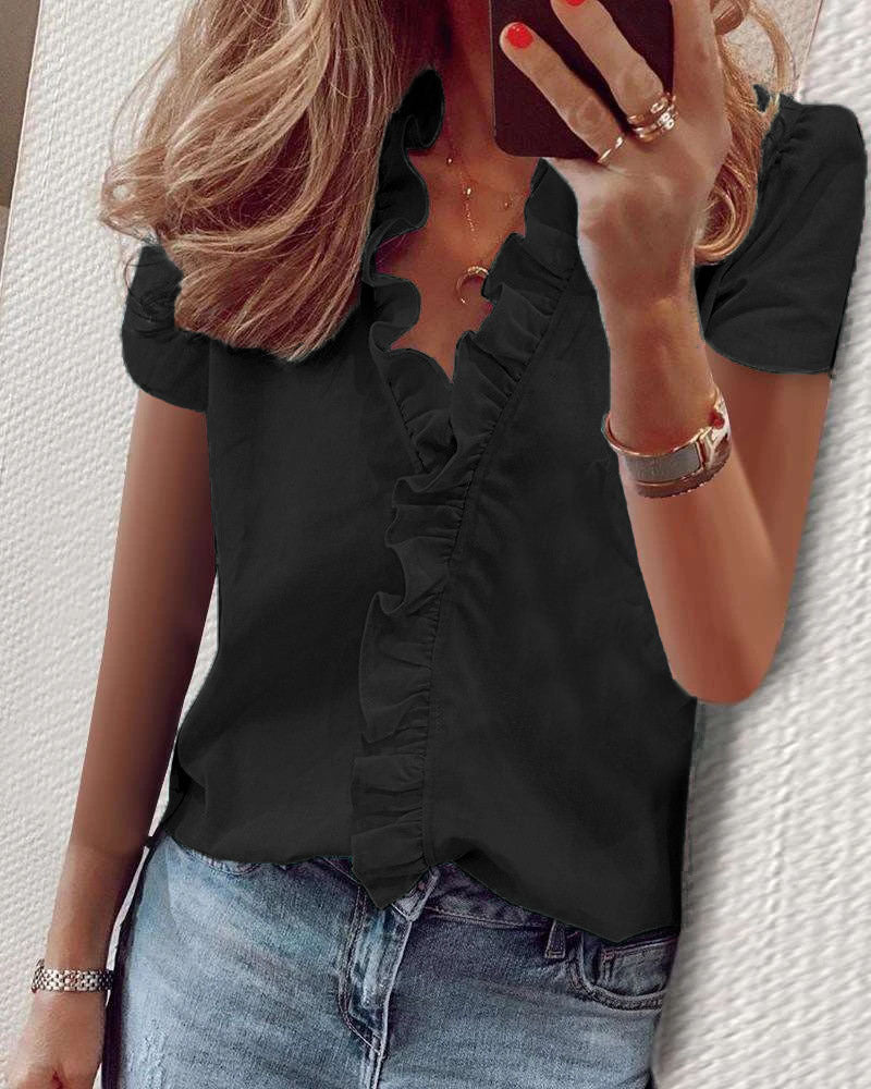 Eliza – Ruffled V-Neck Short Sleeve Blouse