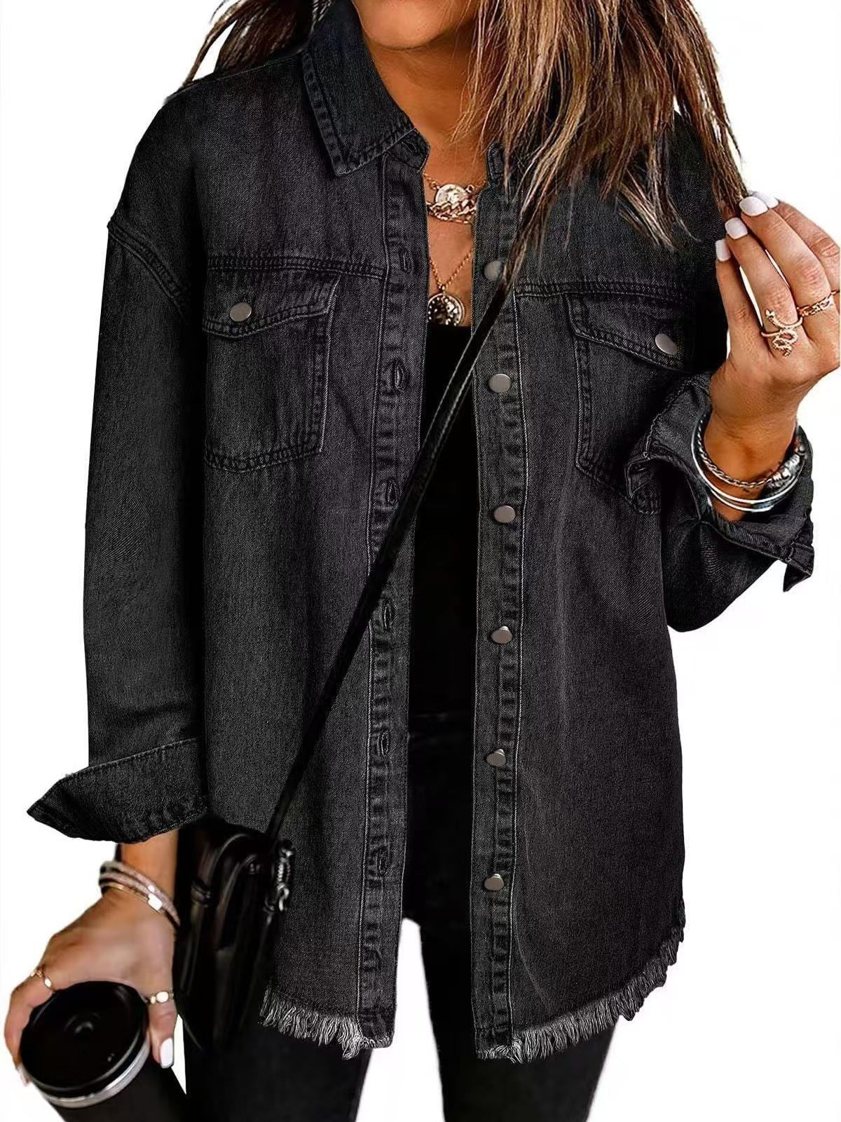 Lurena – Fringed Button-Up Denim Jacket