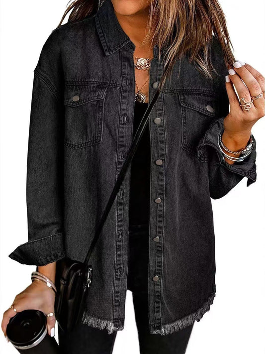 Lurena – Fringed Button-Up Denim Jacket