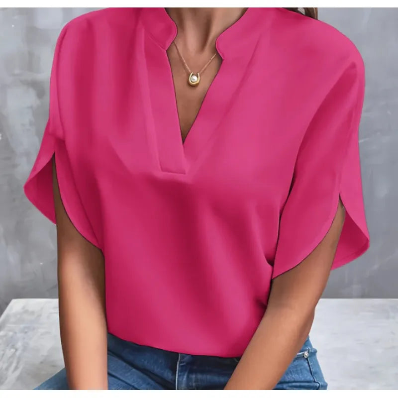 Women’s V Neck Chiffon Blouse Short Sleeve Lightweight