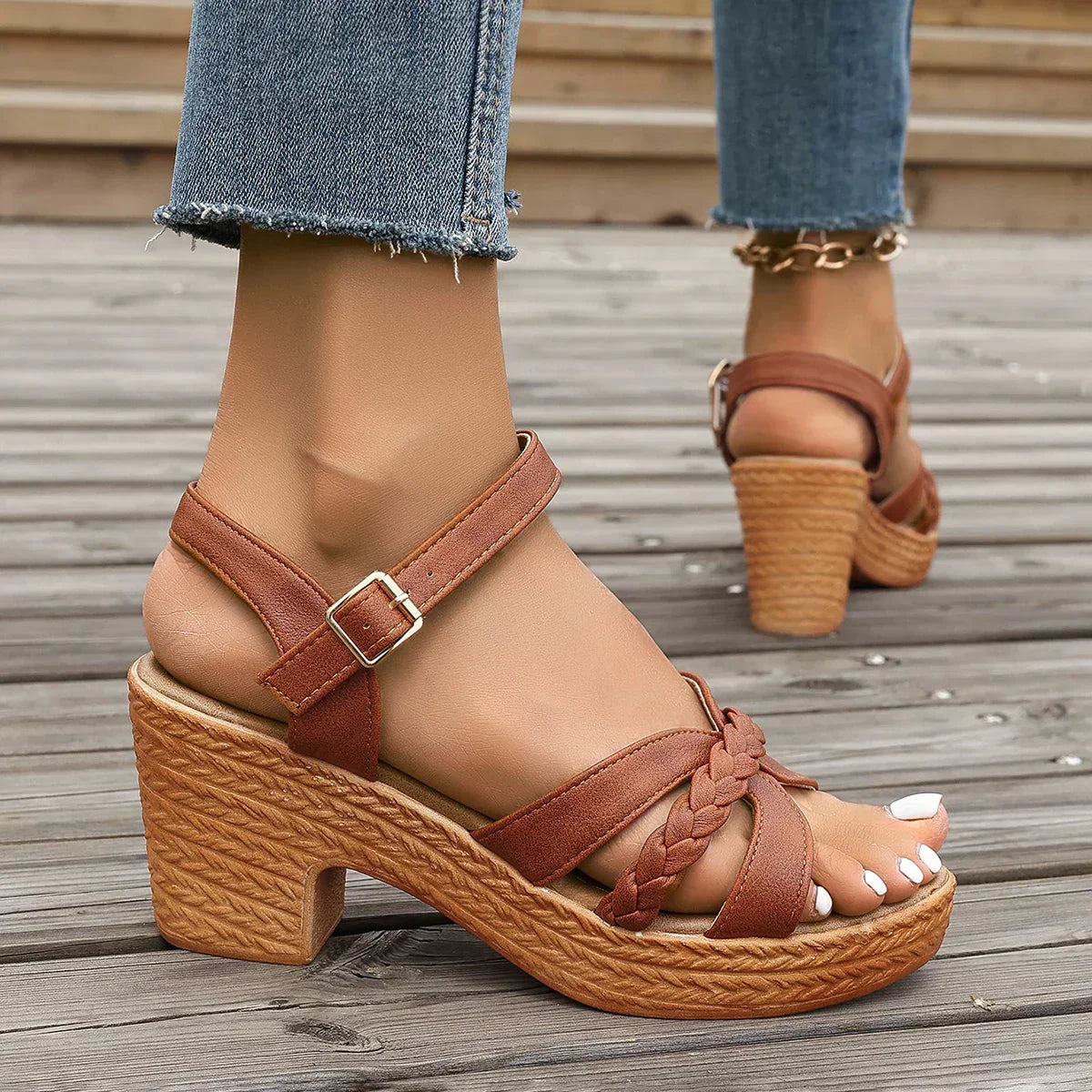 Women's Platform Sandals with Braided Straps and Block Heel