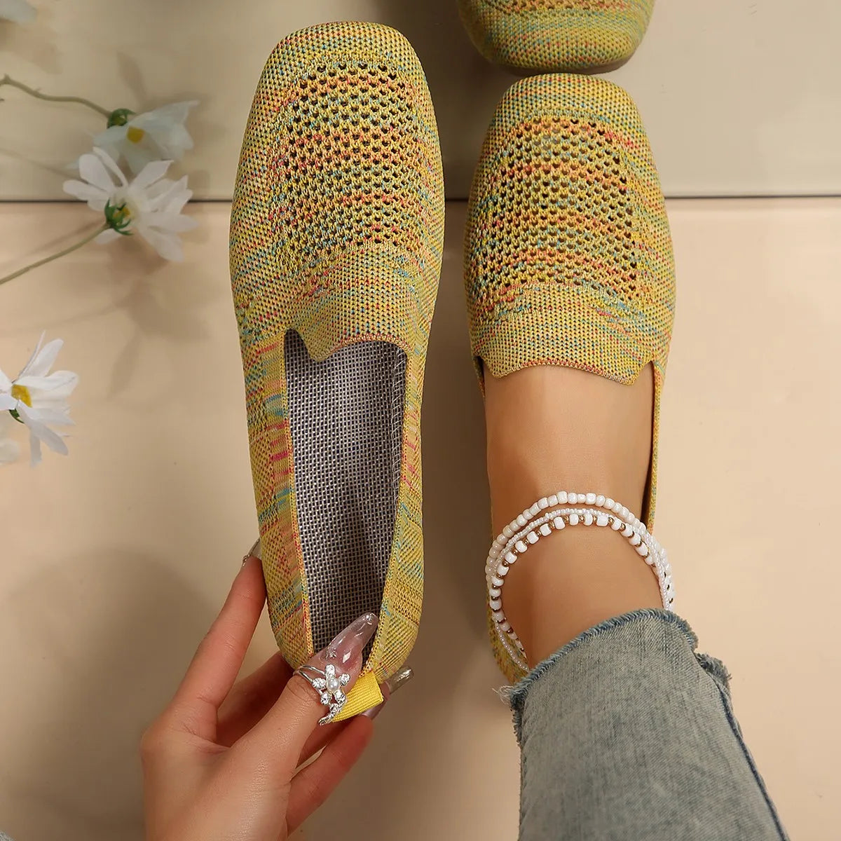 Women's Slip-On Knit Casual Loafers with Round Toe and Flat Sole
