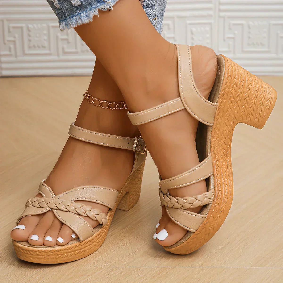 Women's Platform Block Heel Sandals with Braided Front Straps