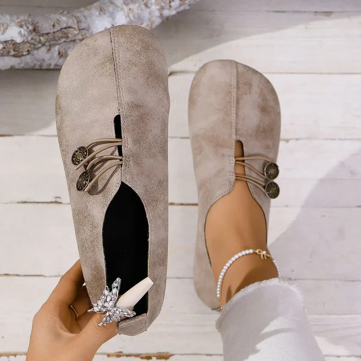 Women's Suede Shoes with Elastic Front and Vintage Button Accents