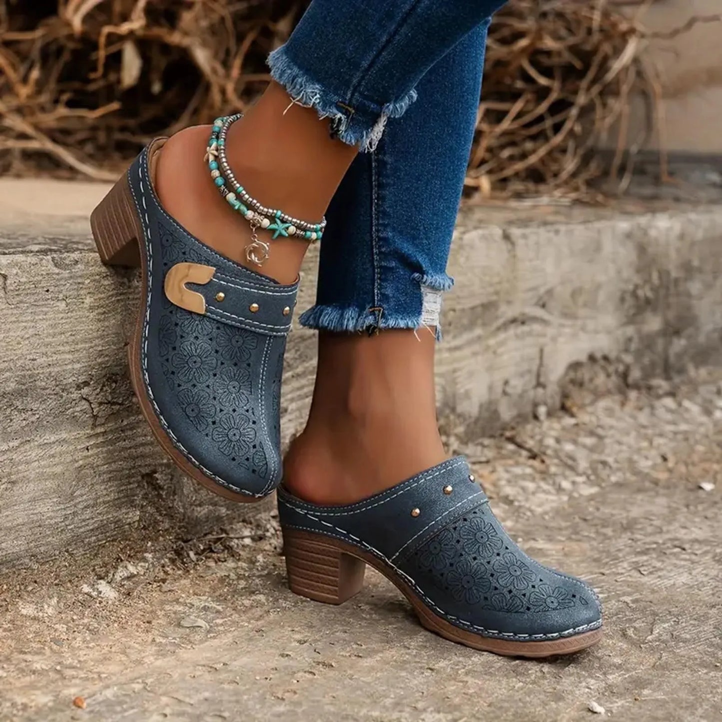 Women's Bohemian Block Heel Mules Sandals with Cut-Out Floral Detail