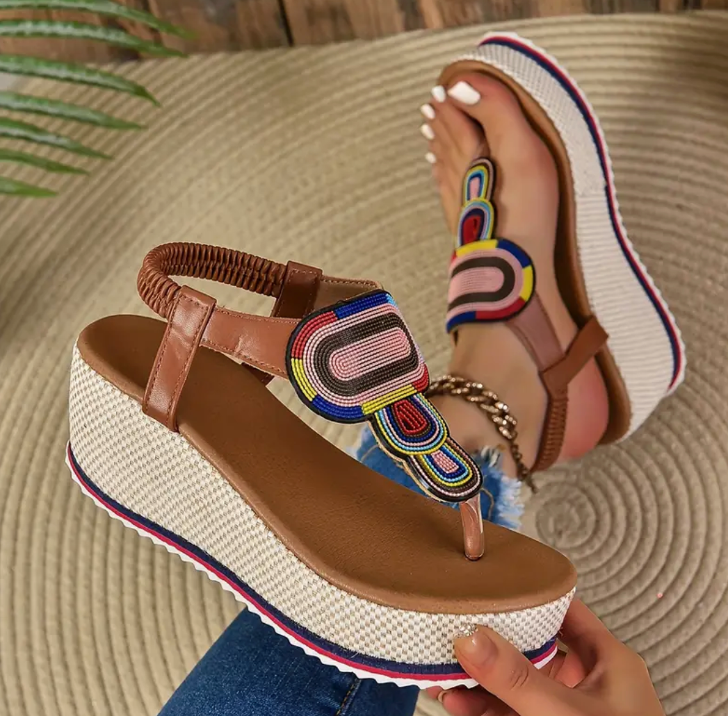 Women's Orthopedic Elastic Sandals with Colorful Beaded Design