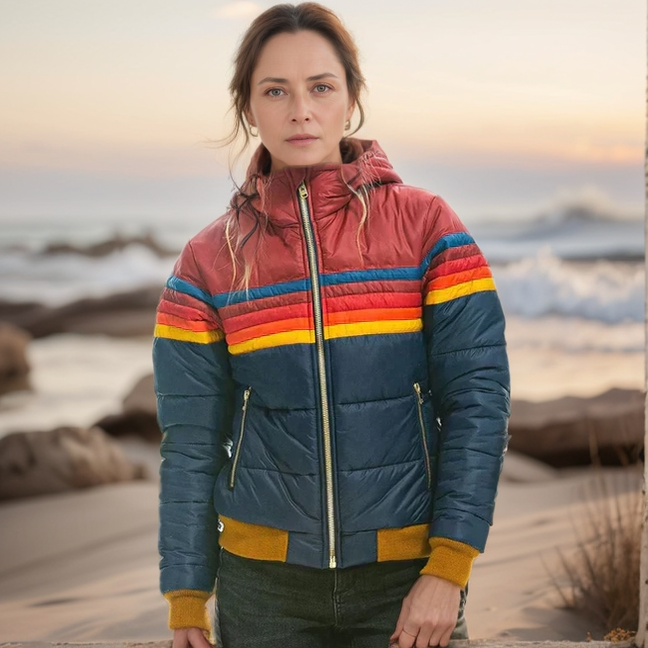Women's Retro Color Block Puffer Jacket - Warm Winter Coat with Vintage Style