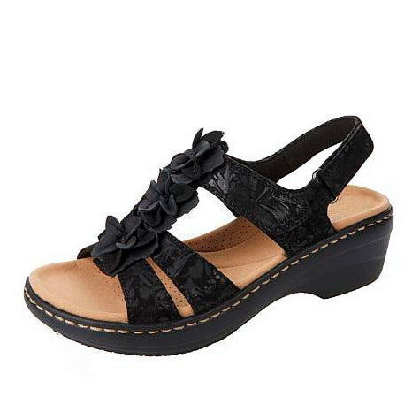 Women's Wedge Sandals with Floral Straps and Adjustable Back Closure