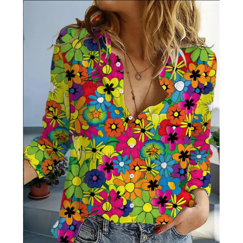 Women’s Printed Long Sleeve Shirt Lapel Casual Blouse
