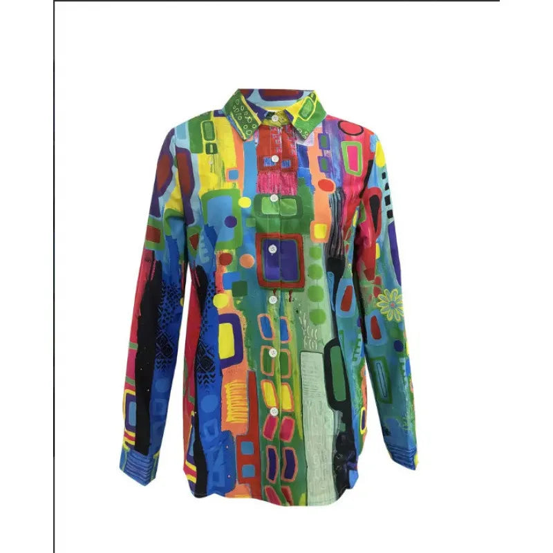 Women’s Printed Long Sleeve Shirt Lapel Casual Blouse