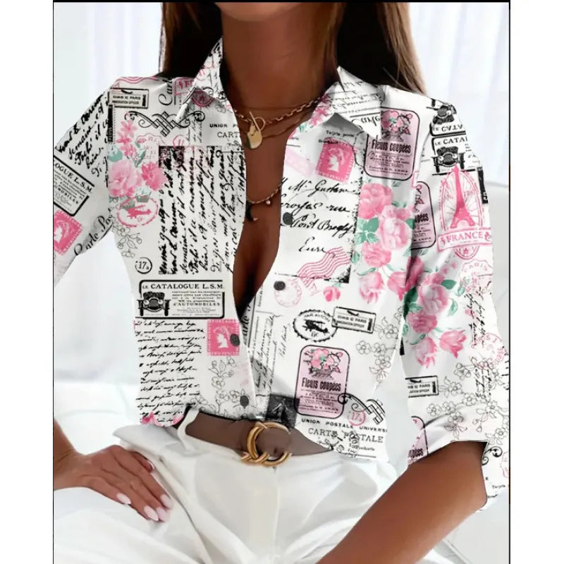 Women’s Printed Long Sleeve Shirt Lapel Casual Blouse