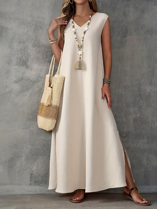 Women’s Sleeveless V Neck Dress Side Slit Elegant